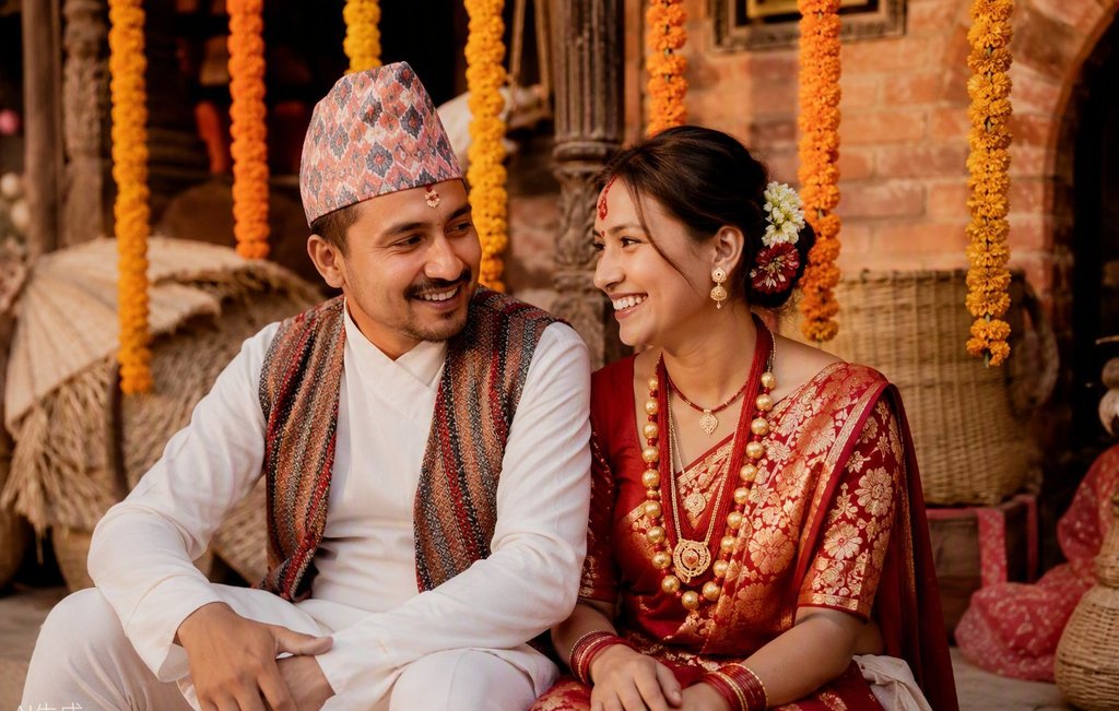 Nepali couple in traditional festive dress